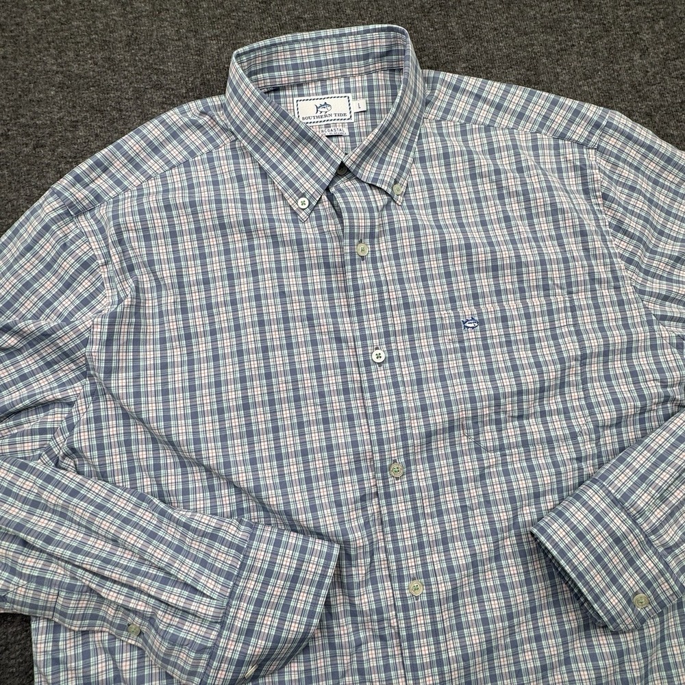 Southern Tide Shirt Mens Sz L Blue Green Plaid Performance Intercoastal Button